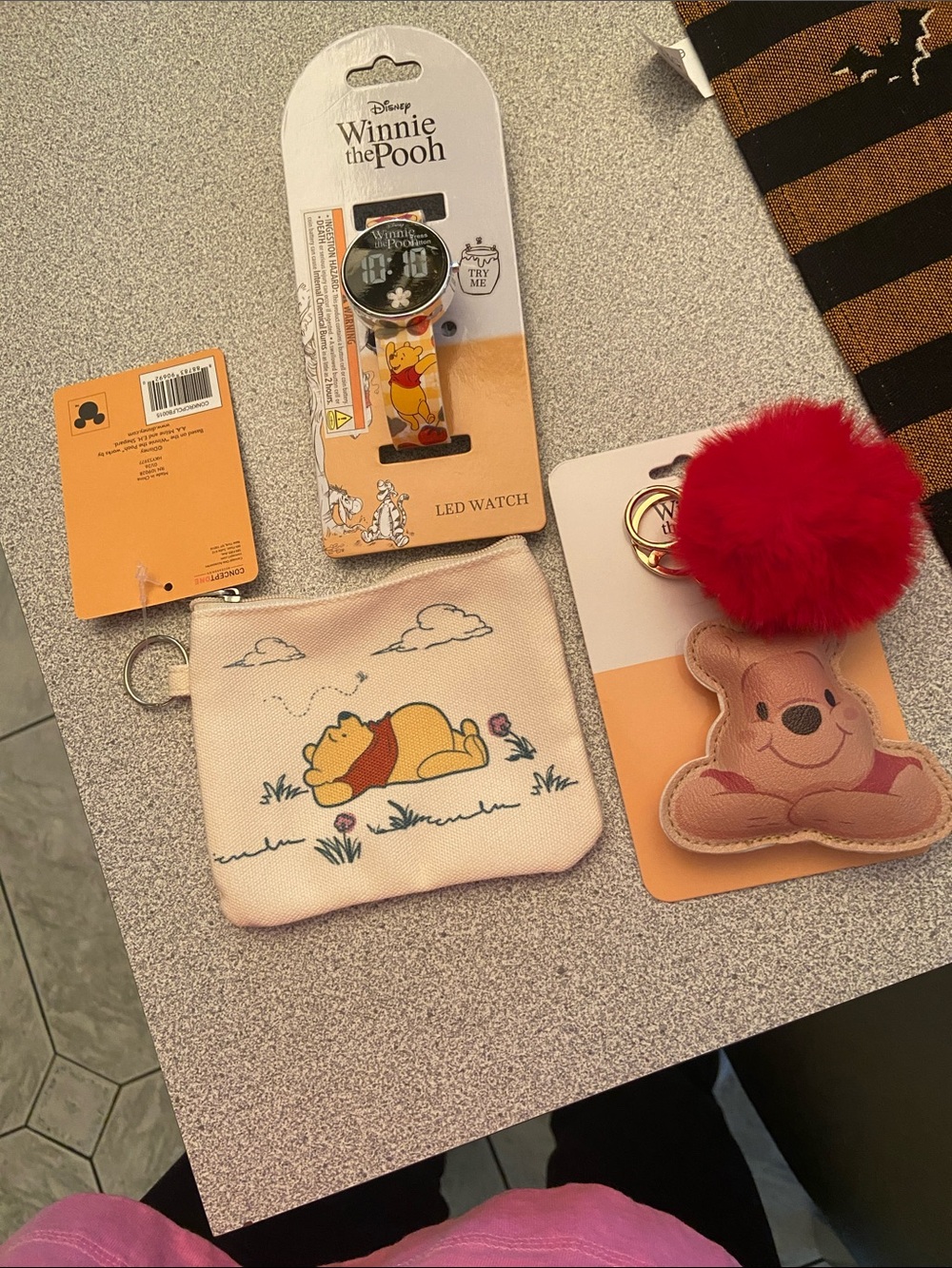 Disney Winnie the Pooh Kids Watch, Cream Coin Pouch & Red Pom-Pom Bear Keychain